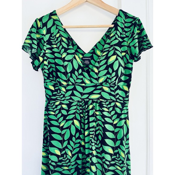 Green Leaf Nature Print Midi Dress Boho Garden Party VNeck Padded Retro Y2K S - Picture 3 of 10